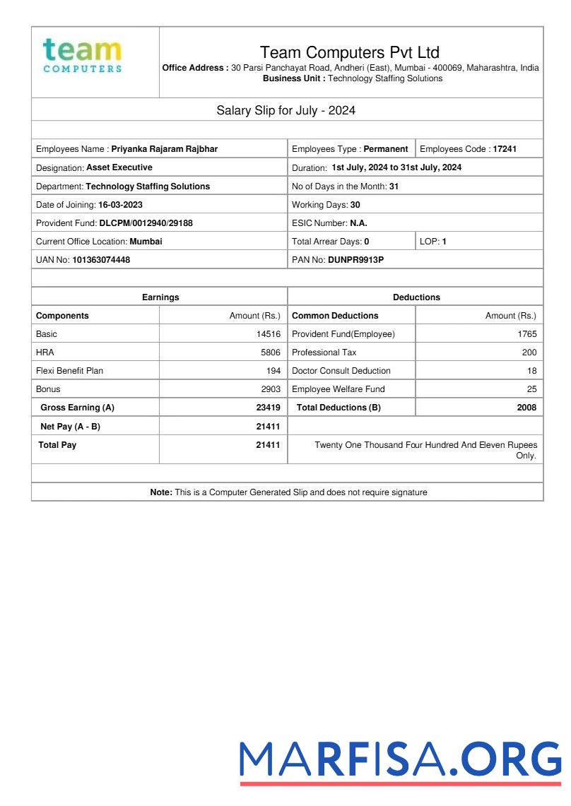 Printable Team Computers salary slip sample